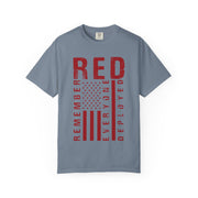 RED Remember Everyone Deployed chest print on a blue jean men's shirt