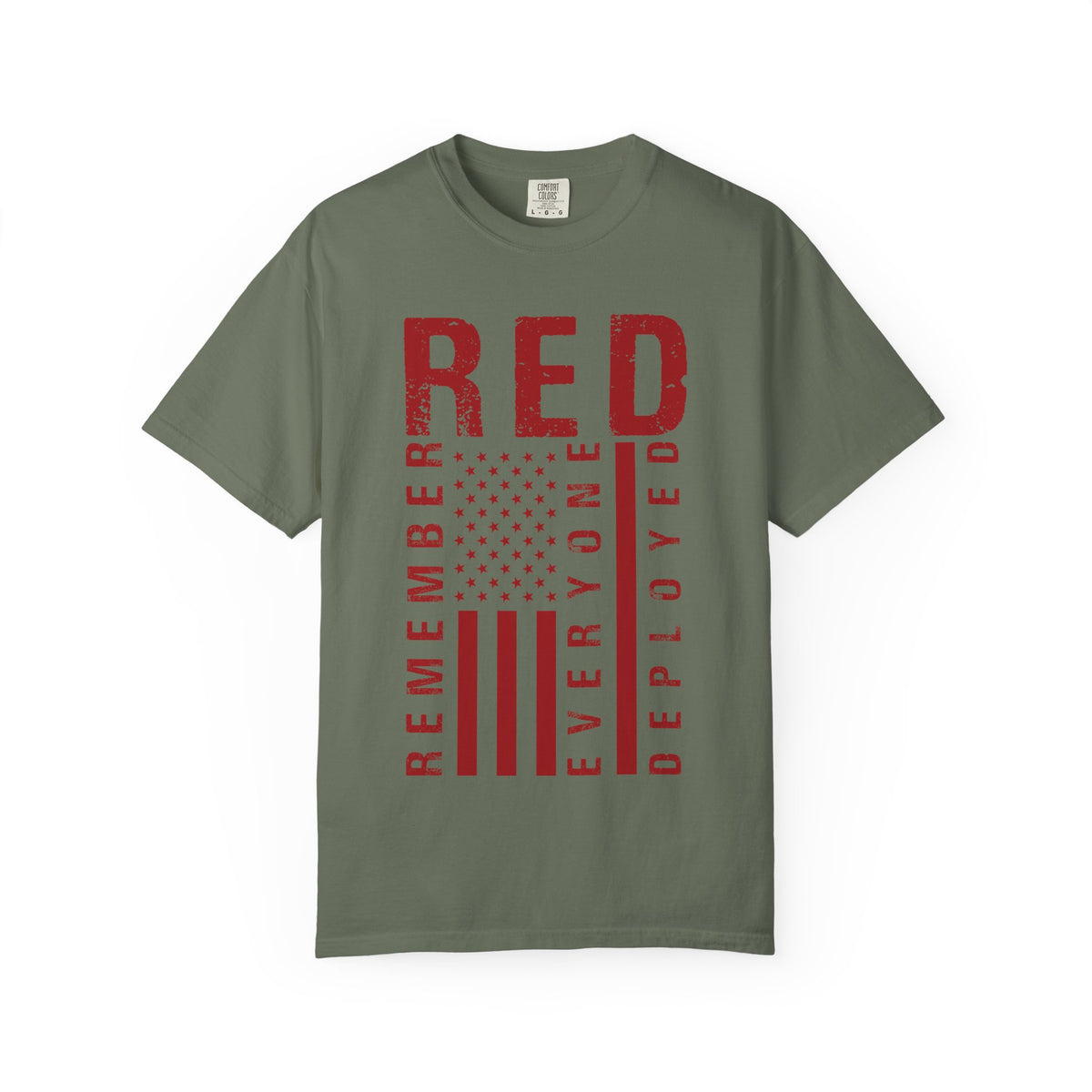 RED Remember Everyone Deployed chest print on a moss green men's shirt