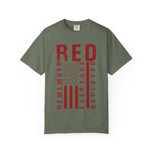 RED Remember Everyone Deployed chest print on a moss green men's shirt