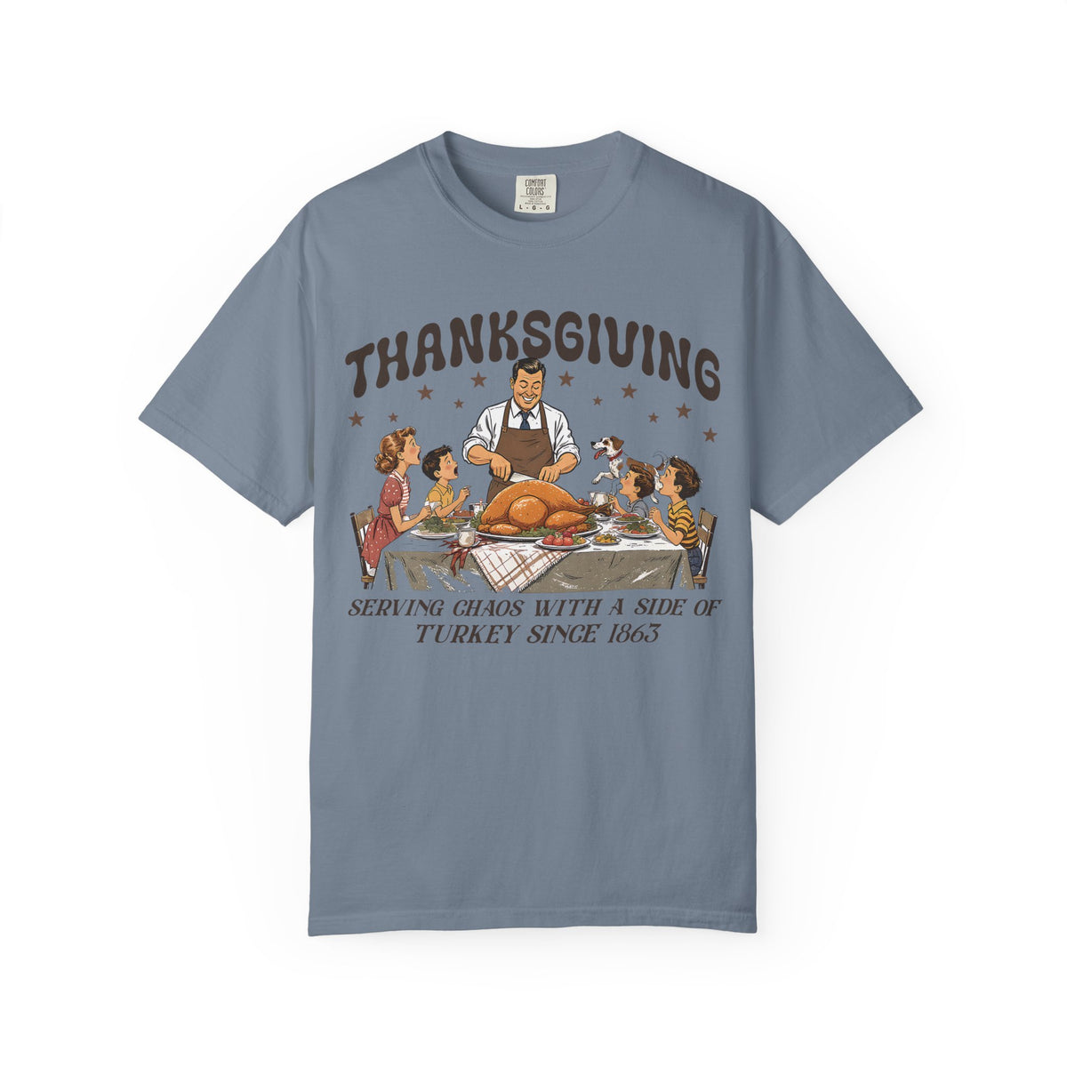 Serving Chaos Since 1863 Thanksgiving design on a blue jean men's shirt