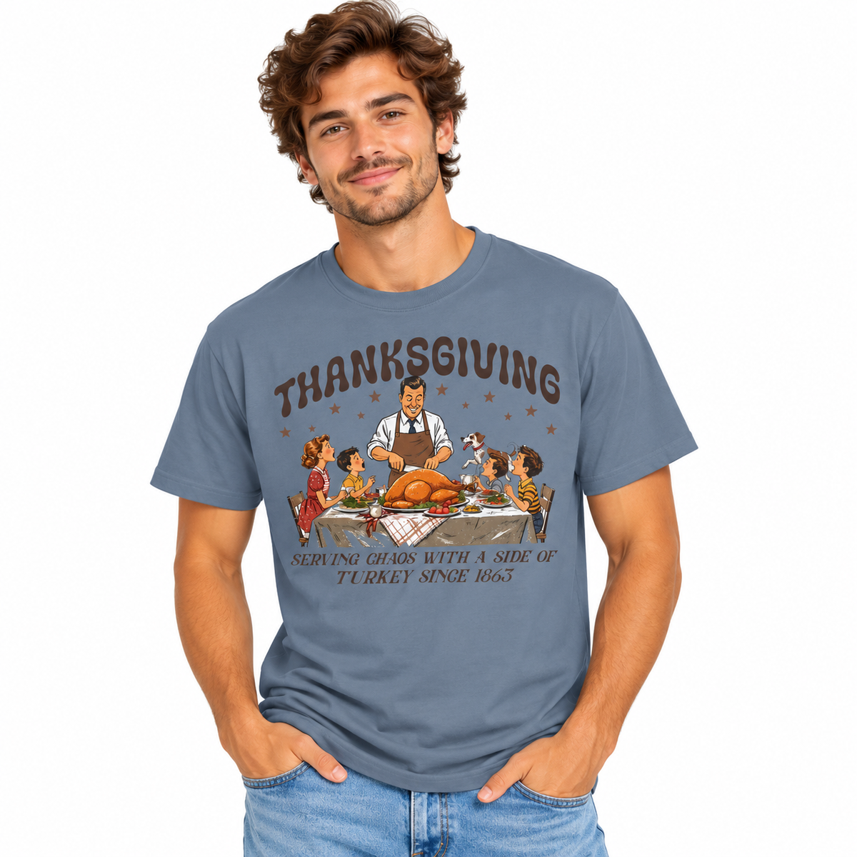 Man wearing the Serving Chaos funny Thanksgiving shirt