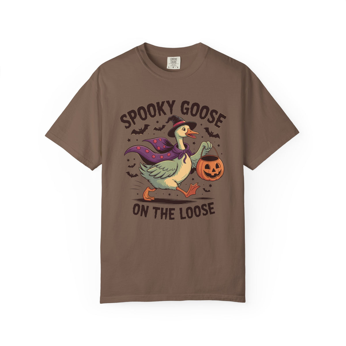 Spooky Goose on the Loose halloween print on an Espresso men's shirt