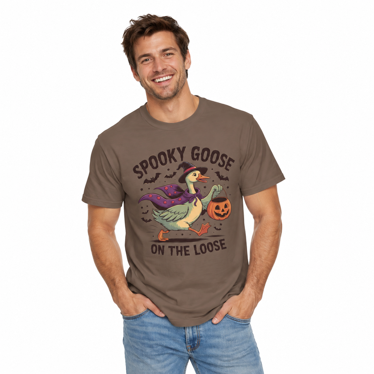 Men's Spooky Goose Halloween Shirt styled in a lifestyle photo