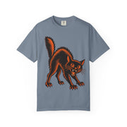 Vintage Black Cat Halloween design on a blue jean men's shirt