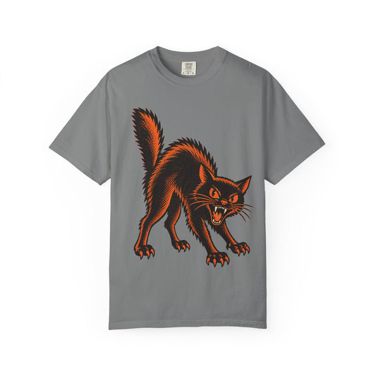 Vintage Black Cat Halloween design on a grey men's shirt