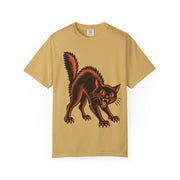 Vintage Black Cat Halloween design on a mustard yellow men's shirt