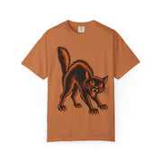 Vintage Black Cat Halloween design on a yam orange men's shirt