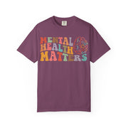 Mental Health Matters in wavy retro type with a brain and hearts, on a berry women's shirt