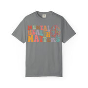 Mental Health Matters in wavy retro type with a brain and hearts, on a grey women's shirt