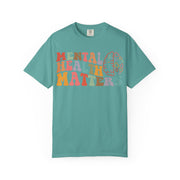 Mental Health Matters in wavy retro type with a brain and hearts, on a seafoam women's shirt