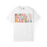 Mental Health Matters in wavy retro type with a brain and hearts, on a white women's shirt