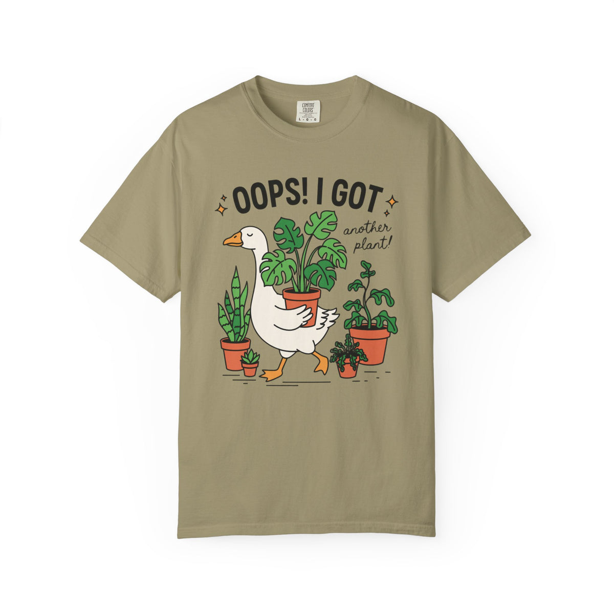 Goose carrying a potted monstera with Oops I Got Another Plant, on a khaki shirt