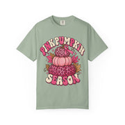 Pink Pumpkin Season breast cancer awareness design on a bay green women's shirt