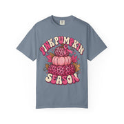 Pink Pumpkin Season breast cancer awareness design on a blue jean women's shirt