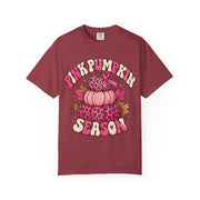 Pink Pumpkin Season breast cancer awareness design on a chili red women's shirt