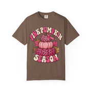 Pink Pumpkin Season breast cancer awareness design on an espresso brown women's shirt