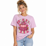 Woman wearing the Pink Pumpkin Season breast cancer awareness shirt