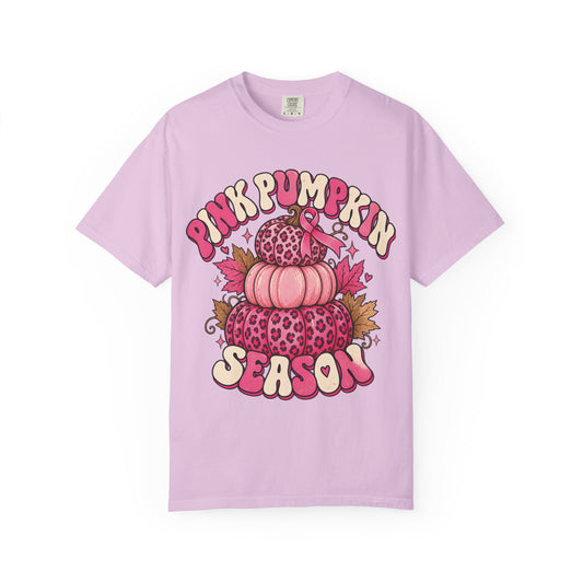 Pink Pumpkin Season breast cancer awareness design on an orchid women's shirt