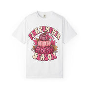Pink Pumpkin Season breast cancer awareness design on a white women's shirt