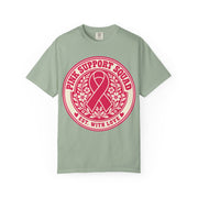 Pink Support Squad pink ribbon emblem design on a bay green women's shirt