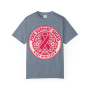 Pink Support Squad pink ribbon emblem design on a blue jean women's shirt