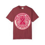 Pink Support Squad pink ribbon emblem design on a chili red women's shirt