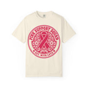 Pink Support Squad pink ribbon emblem design on an ivory women's shirt