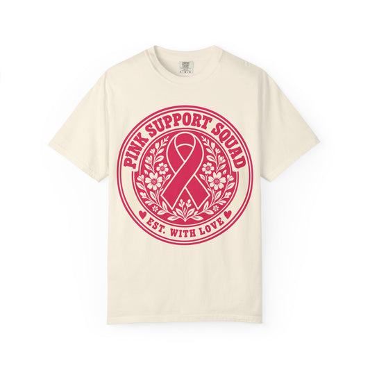 Pink Support Squad pink ribbon emblem design on an ivory women's shirt