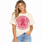 Woman wearing the Pink Support Squad pink ribbon emblem shirt