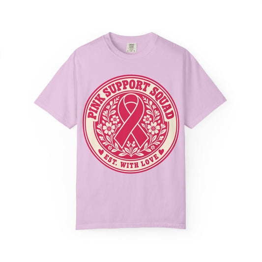 Pink Support Squad pink ribbon emblem design on an orchid women's shirt