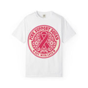 Pink Support Squad pink ribbon emblem design on a white women's shirt