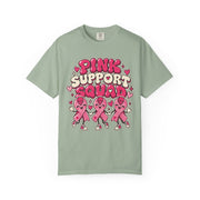 Pink Support Squad breast cancer awareness design on a bay green women's shirt