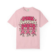 Pink Support Squad breast cancer awareness design on a blossom pink women's shirt