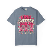 Pink Support Squad breast cancer awareness design on a blue jean women's shirt
