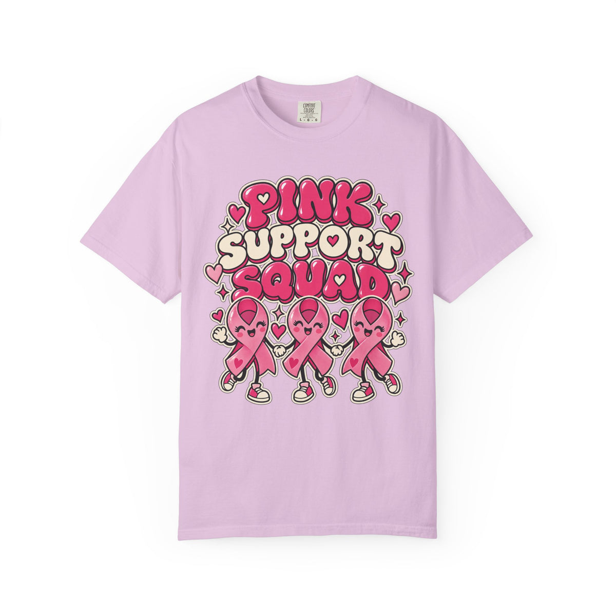 Pink Support Squad breast cancer awareness design on an orchid women's shirt