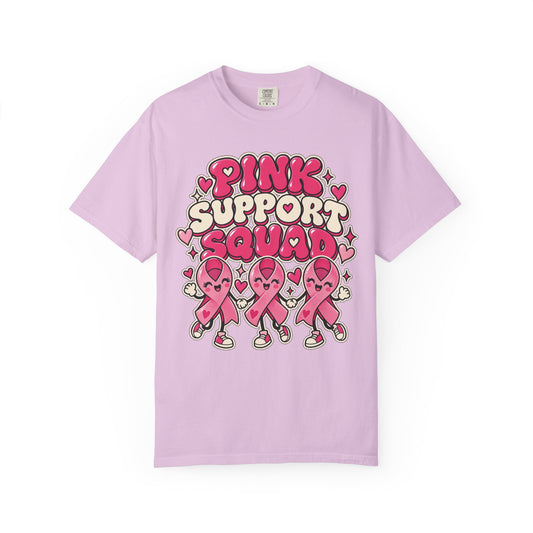 Pink Support Squad breast cancer awareness design on an orchid women's shirt