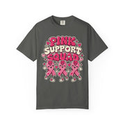 Pink Support Squad breast cancer awareness design on a pepper grey women's shirt
