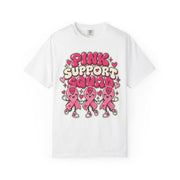 Pink Support Squad breast cancer awareness design on a white women's shirt