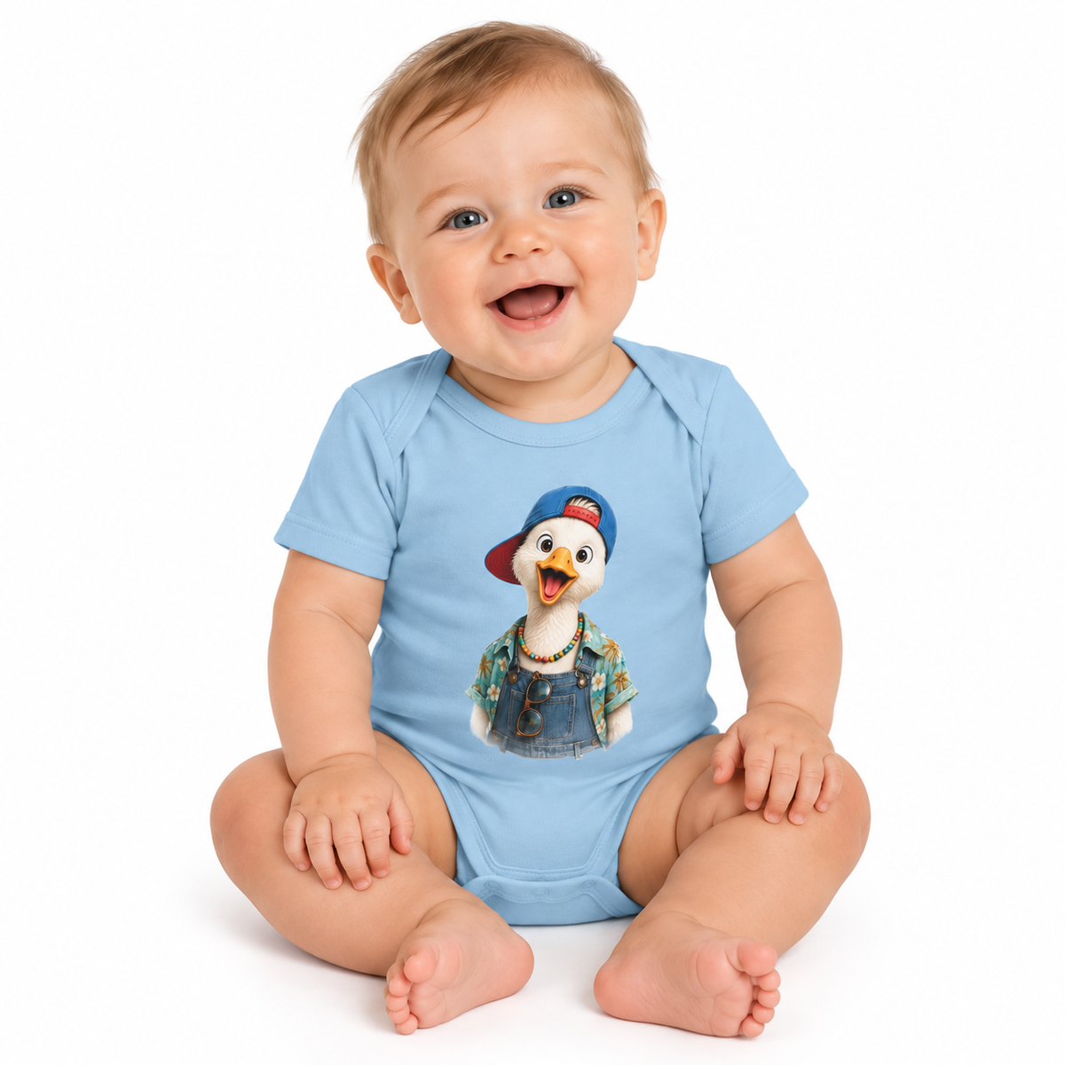 Silly goose design on a baby boys' bodysuit