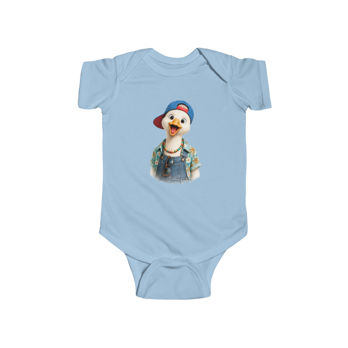 Silly goose in a blue cap and dungarees, printed on a light blue baby bodysuit