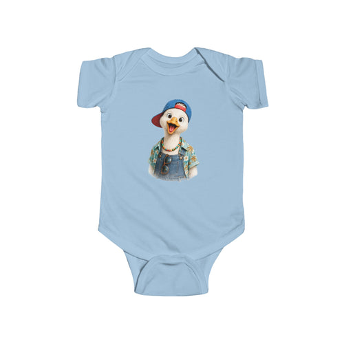 Silly goose in a blue cap and dungarees, printed on a light blue baby bodysuit