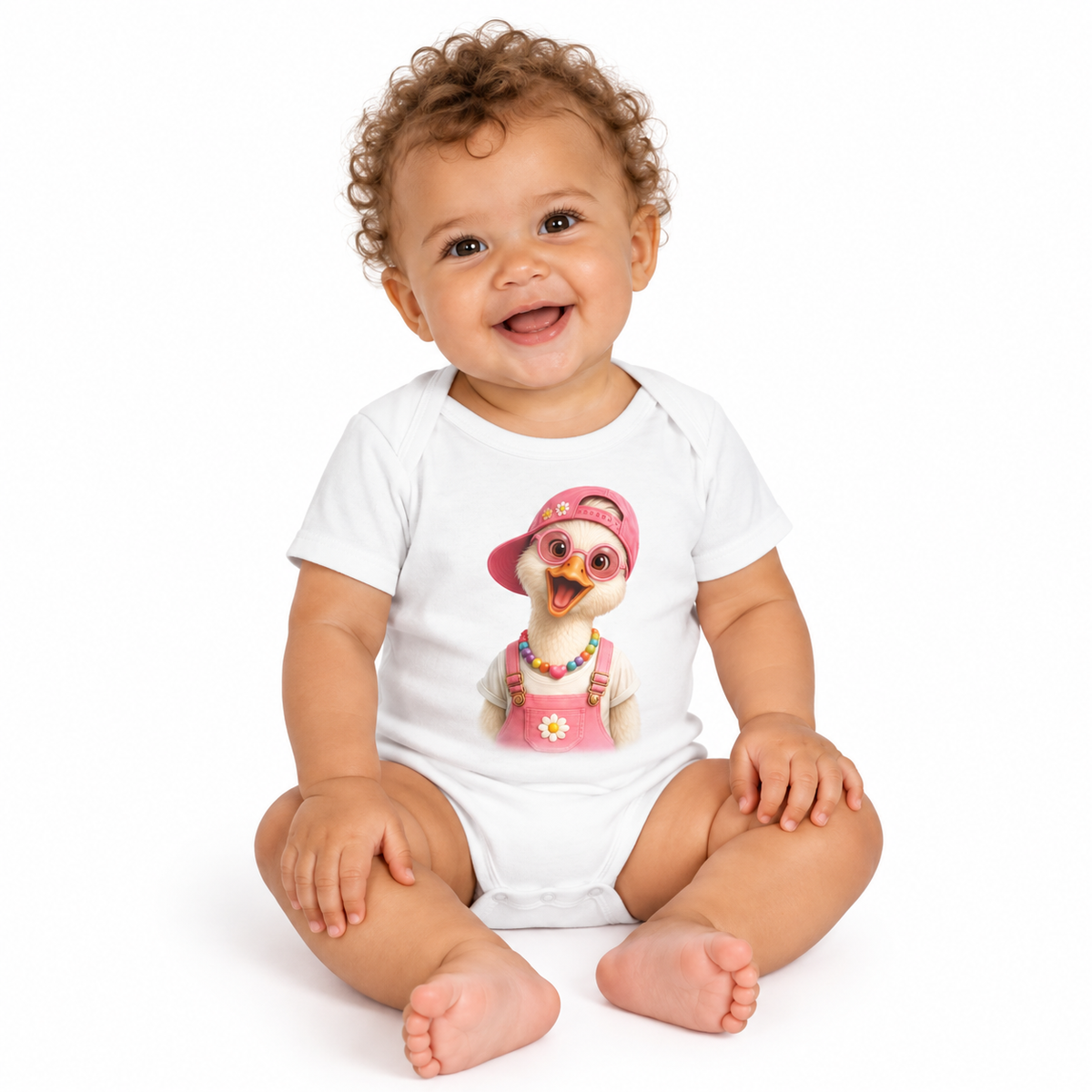 Silly goose design on a baby girls' bodysuit