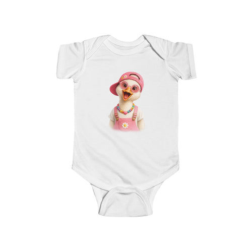 Silly goose in a pink cap and sunglasses, printed on a white baby bodysuit