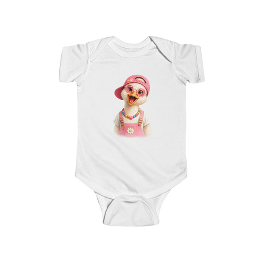Silly goose in a pink cap and sunglasses, printed on a white baby bodysuit