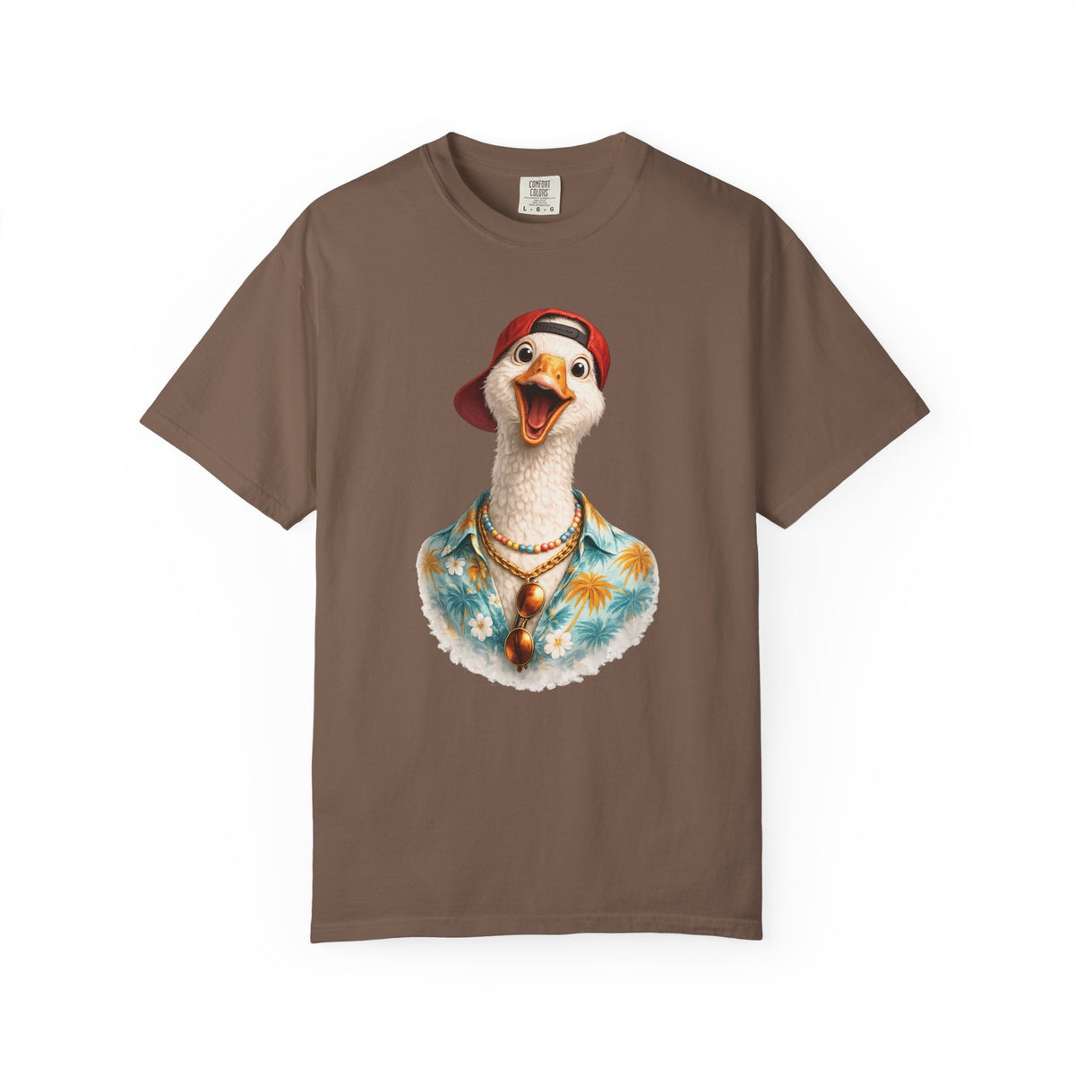 Silly goose in a backwards red cap, sunglasses and a Hawaiian shirt, printed on an espresso men's shirt