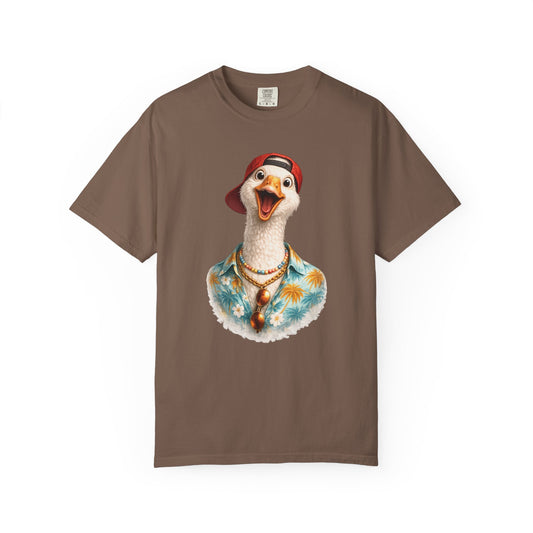Silly goose in a backwards red cap, sunglasses and a Hawaiian shirt, printed on an espresso men's shirt