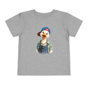 Silly goose in a blue cap and dungarees, printed on an athletic heather toddler shirt
