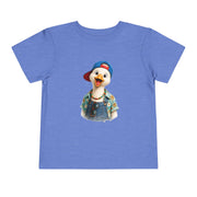 Silly goose in a blue cap and dungarees, printed on a heather columbia blue toddler shirt