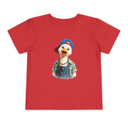 Silly goose in a blue cap and dungarees, printed on a heather red toddler shirt