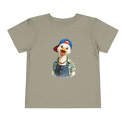 Silly goose in a blue cap and dungarees, printed on a heather stone toddler shirt